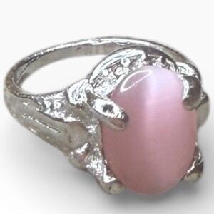 Silver Tone Pink Cat Eye Gemstone Statement Ring Womens Size 7